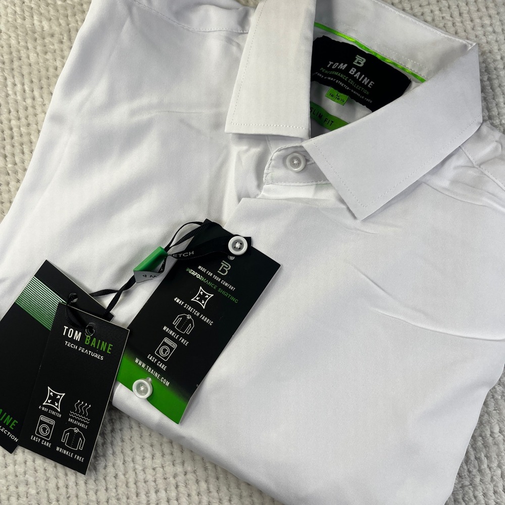 Tom Baine Mens Performance Dress Shirt White Slim Fit 4-Way Stretch NWT L